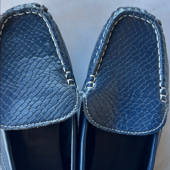 Kids Navy Blue Stitched Faux Snakeskin Loafers - Picture 3 of 7